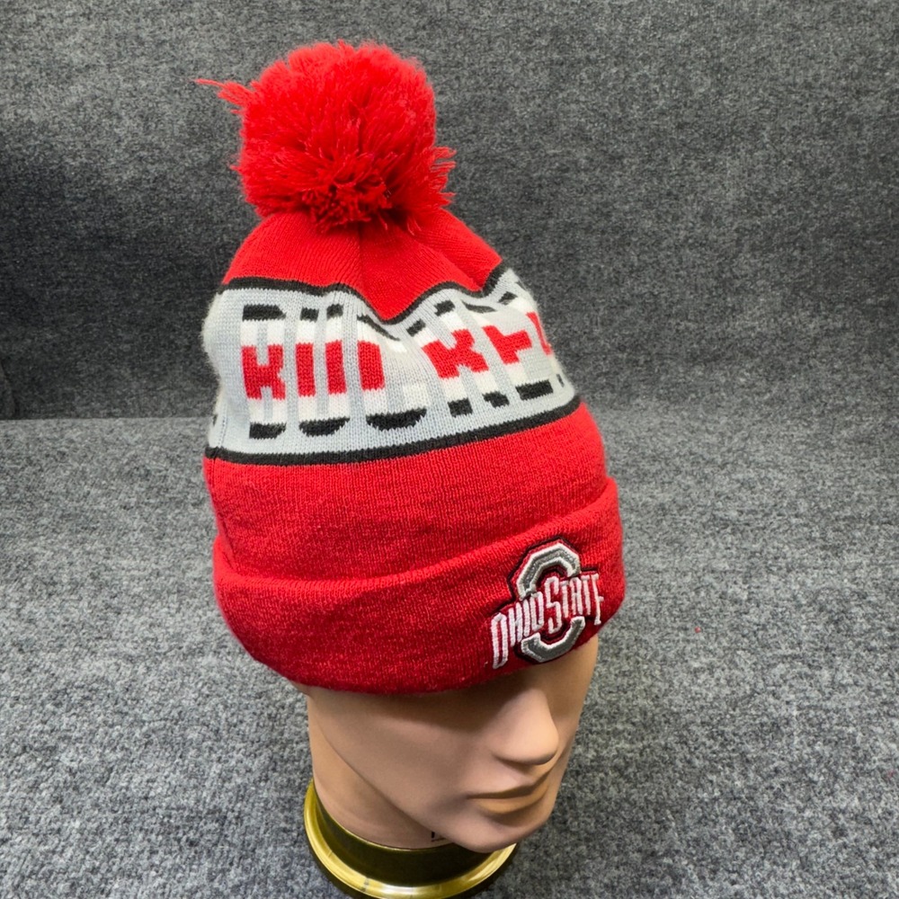 Ohio State Buckeyes Beanie OS Red Gray Pom Pom Knit Hat NCAA Gameday Adult